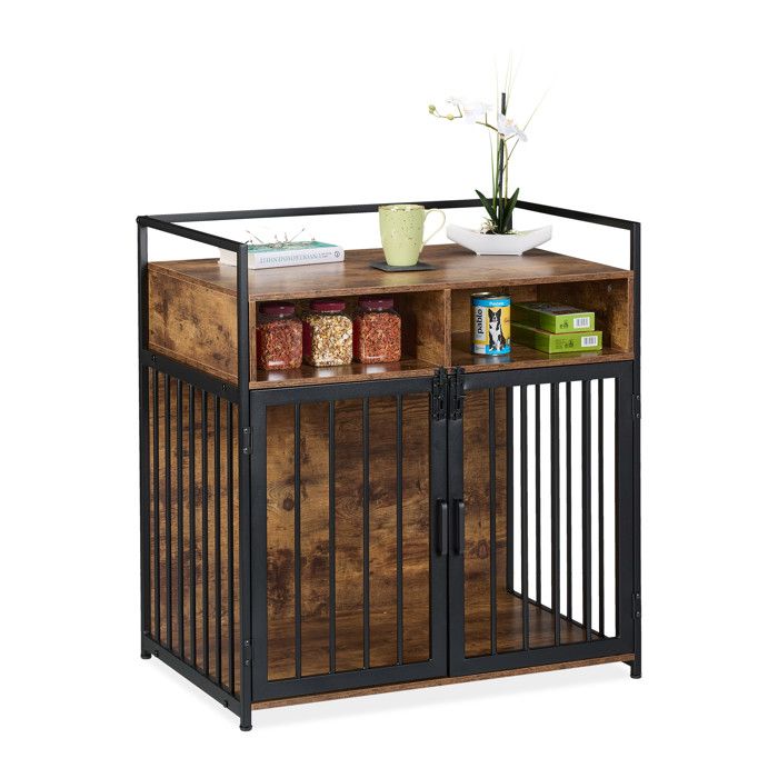 Comparer les prix de Relaxdays Meuble de cage pour chien 2 portes verrouillables surface de rangement aspect bois marron-noir