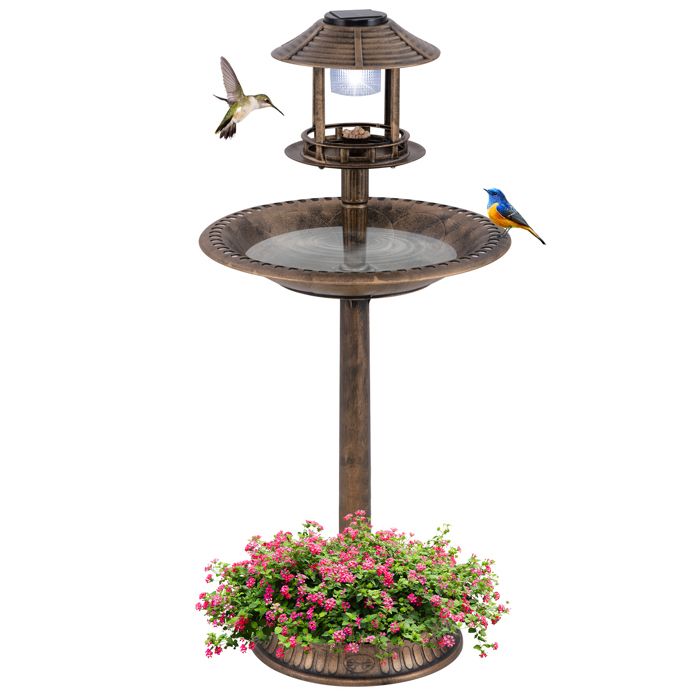 Comparer les prix de COSTWAY 3 en 1 Mangeoire à Oiseaux sur Pieds Lumières Solaires et LED Base de Jardinière pour Jardin Cour PelouseBronze antique