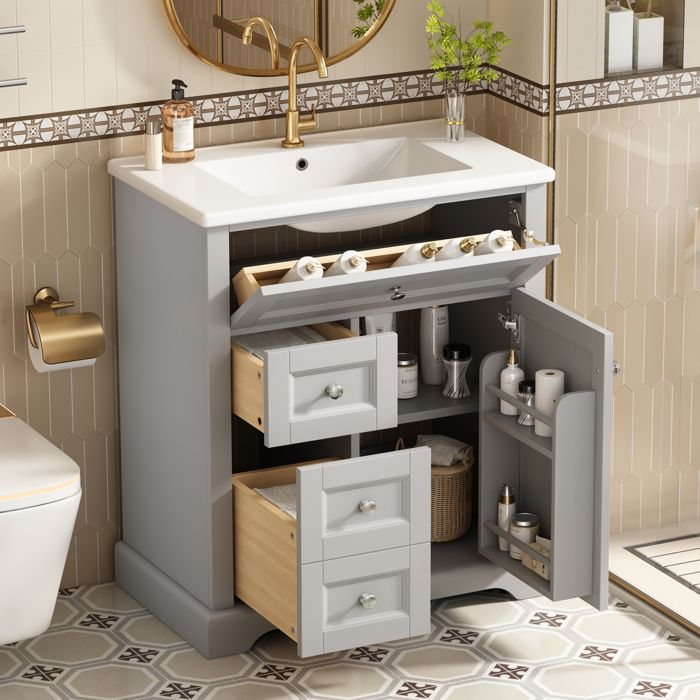 Meuble de salle de bain sur pied 76x 46x87 cm - avec vasque en céramique - 3 tiroirs - gris(robinet non inclus) Meuble de salle de bain sur pied 76x 46x87 cm - avec vasque en céramique - 3 tiroirs - gris(robinet non inclus)