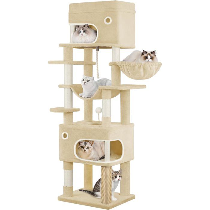 Meilleurs prix pour Arbre à Chat Tour de Jeux pour Chats de 178 cm avec Grande Plateforme 2 Niches 7 Griffoirs Pompons Paniers Hamac Beige