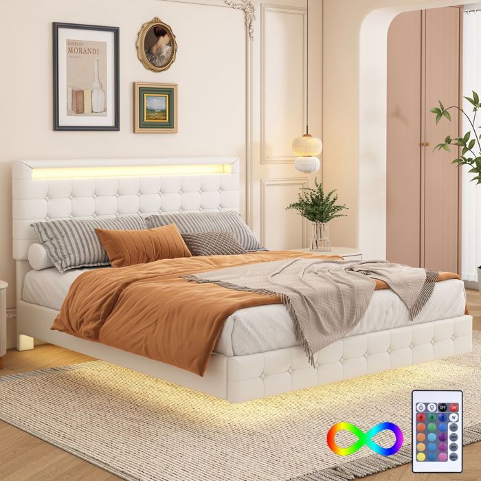 Lit enfant - SOGEU - Lit combiné 140x200 - LED multicolore télécommande 24 touches - Tête de lit réglable - Sommier à lattes