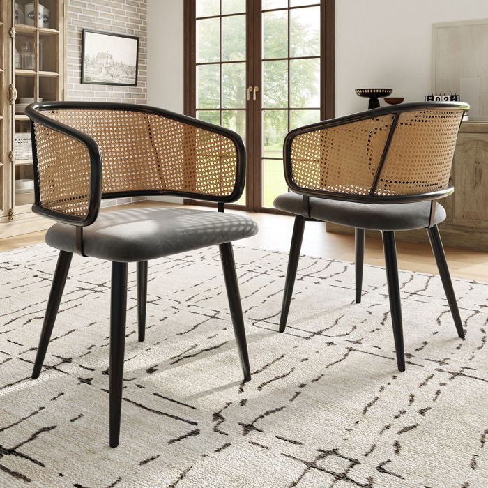 Chaise de Salle à Manger 2 chaises dossier en rotin coussins d’assise en velours confortable et respirante style moderne et simple