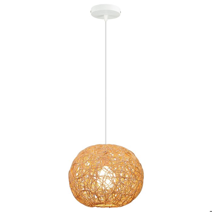 Suspension Rotin Naturel Bohème TOKIUS Luminaire Cuisine Salon - Lustre Éclairage E27 Diamètre 20 cm Marron et Blanc