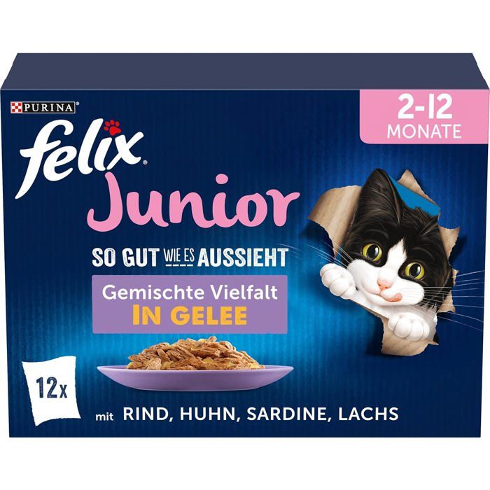 Nourriture humide pour chatons - FELIX - Junior - Gelée - Variétés mélangées - Lot de 6 sachets de 85 g