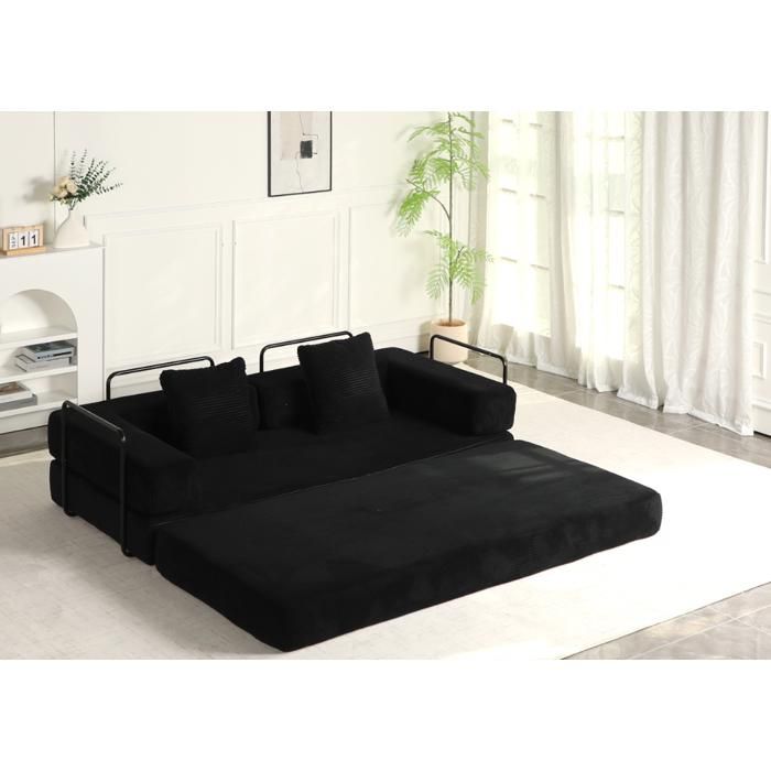 Canapé convertible 2 places - ULISEM - Noir - Accoudoirs métalliques - Design moderne - Fonctionnel - Lit confortable