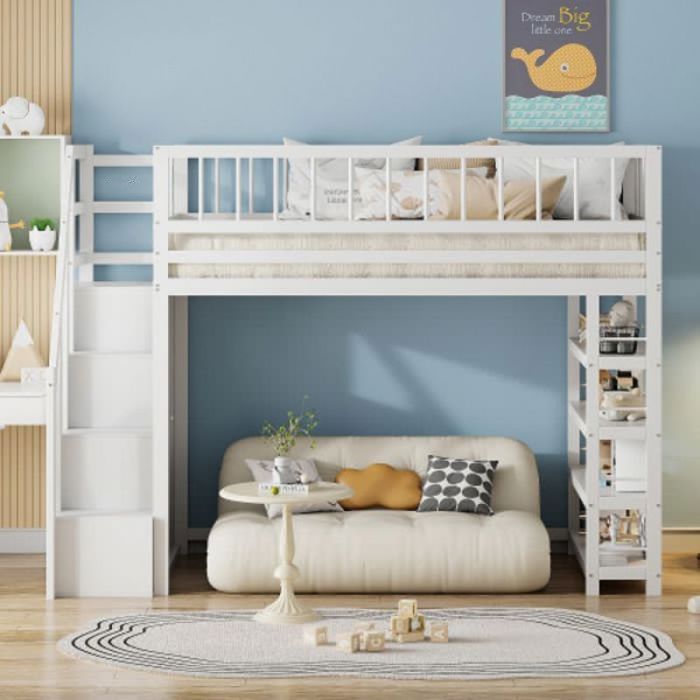 Lit superposé Lit 90x200 haute avec penderie étagères et rangement avec échelle descalade&nbsp;lit simple en bois massif blanc