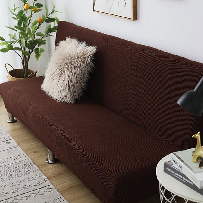 Housse clic clac sans bras couleur unie convertible lit 3 places marron foncé 150-190 cm .