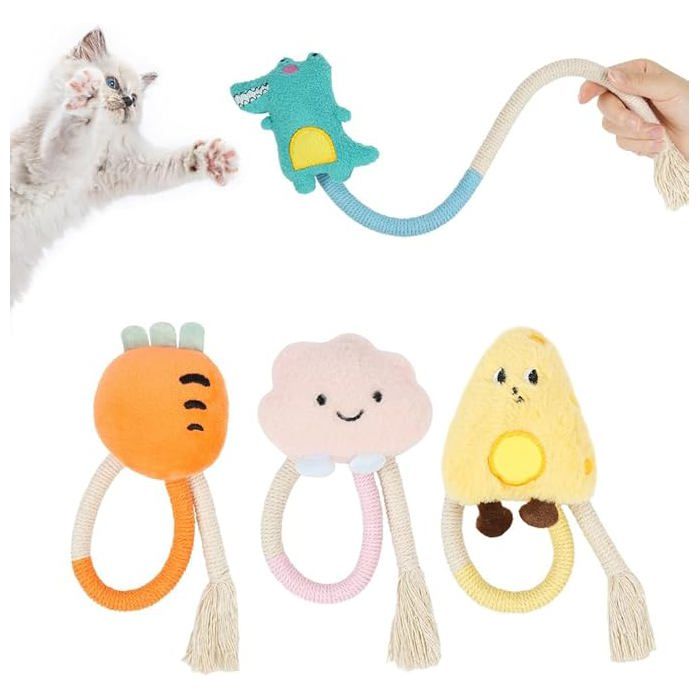 4 jouets interactifs pour chat corde taquineuse et jouets dentition pour interaction et nettoyage dents