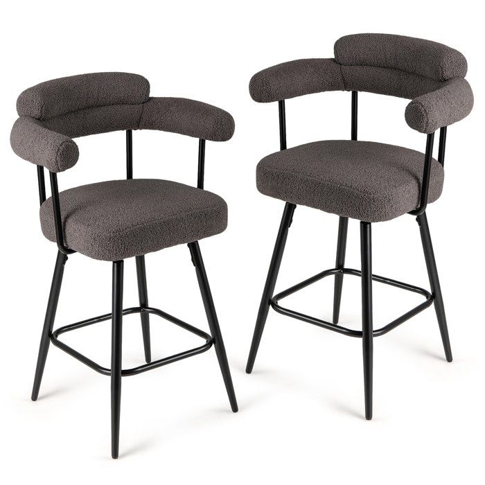 GIANTEX Tabourets de Bar- Lot de 2 Chaises de Bar Rembourrés- Siège Pivotant à 360°- Pieds en Métal- Dossier- Accoudoir- Gris