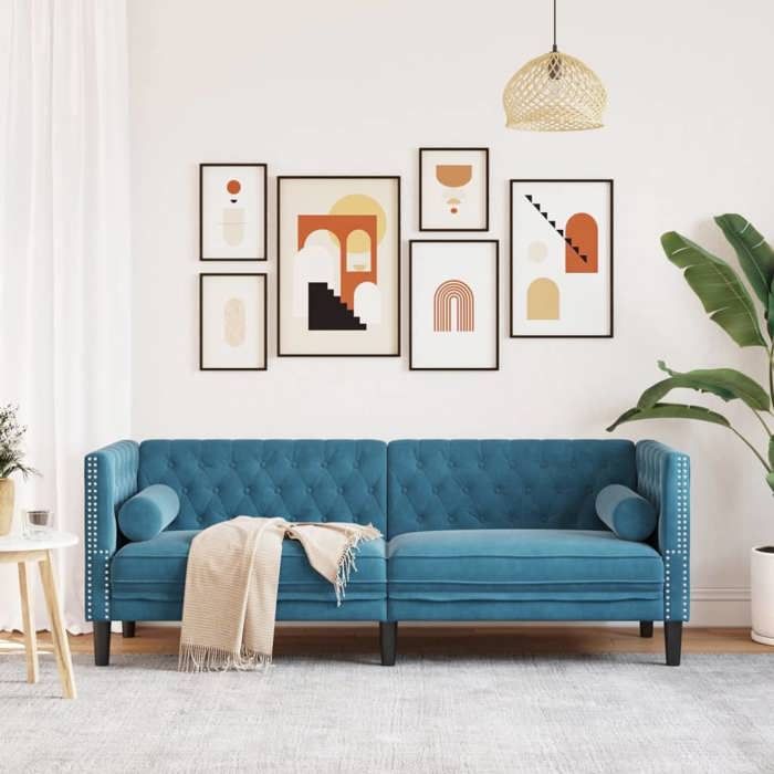 Bleu Canapé Droit - KEETHE - SOFA Chesterfield - a - MODERNE Canapé Chesterfield avec traversins 3 places bleu velours 74245