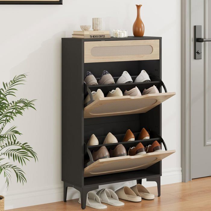 Étagère à chaussures en rotin - LUNSY - 60x24x101 6 cm - Noir - Rotin naturel - Structure stable