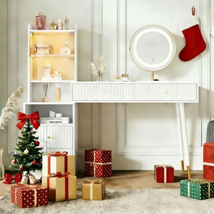 Coiffeuse 100x40x125 cm avec Miroir LED 3 Couleurs 4 Tiroirs Vitrine Éclairée Niche Ouverte - Blanc Sans Tabouret