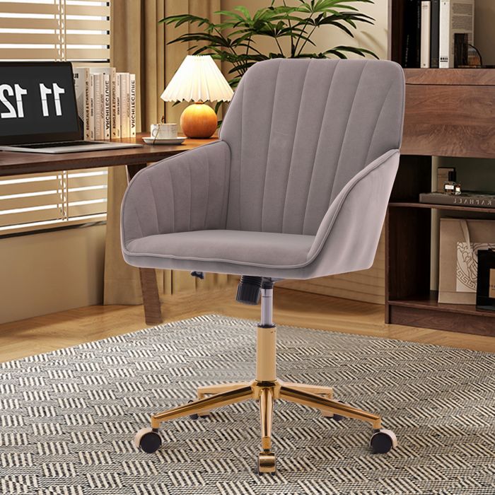 Chaise de Bureau Ergonomique - BELLEMAVE - Hauteur Réglable - Chaise Pivotante - Velours - Pour Chambre et Bureau - Gris et Or