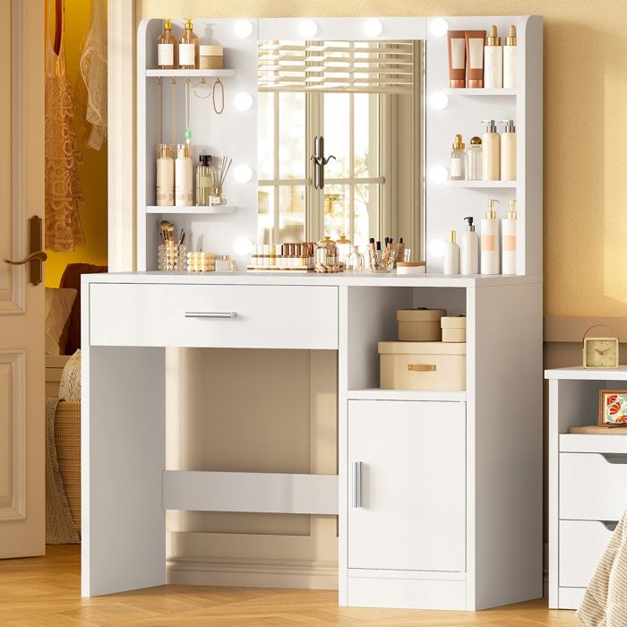 Coiffeuse - TEENFON - Grand miroir LED réglable - 1 tiroir & armoire - 85x40x136 cm