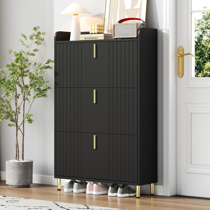 Meuble dentrée rangement à chaussures 80 cm noir – 3 rabats 6 compartiments réglables sécurité anti-basculement