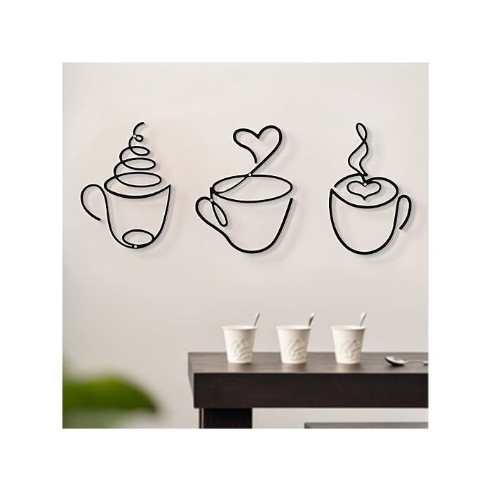 BSITSSS 3 Pièces Décoration Murale Métal Noir Tasse à Café Tableau Decoration Murale malist Ligne Art Mural Déco pour PAPIER PEINT