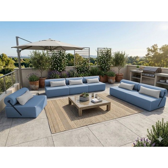Salon de jardin 2 Canapés + 1 Fauteuil en bois BALI 3+2+1 pour 6 personnes - bleu Salon de jardin 2 Canapés + 1 Fauteuil en bois BALI 3+2+1 pour 6 personnes - bleu
