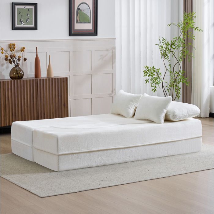 Grand canapé blanc en flanelle avec 4 coussins matelas pliant en mousse haute densité usage polyvalent sans montage