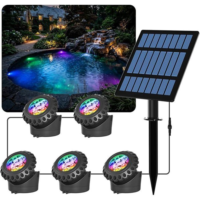Lampes Solaires de Bassin Led Submersible Solaireavec 2 Modes Lumière Submersible Réglable6 CouleursÉtanchéité 5 in 1 PROJECTEUR