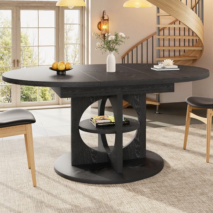Table à Manger Extensible avec Rangement 110-150cm Ronde/Ovale Table de Cuisine Table à Manger Moderne Pour Salon Cuisine Noir