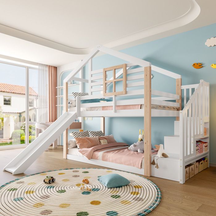 Lit superposé enfant 90 x 200 cm avec toboggan escalier rangement bois massif blanc style scandinave