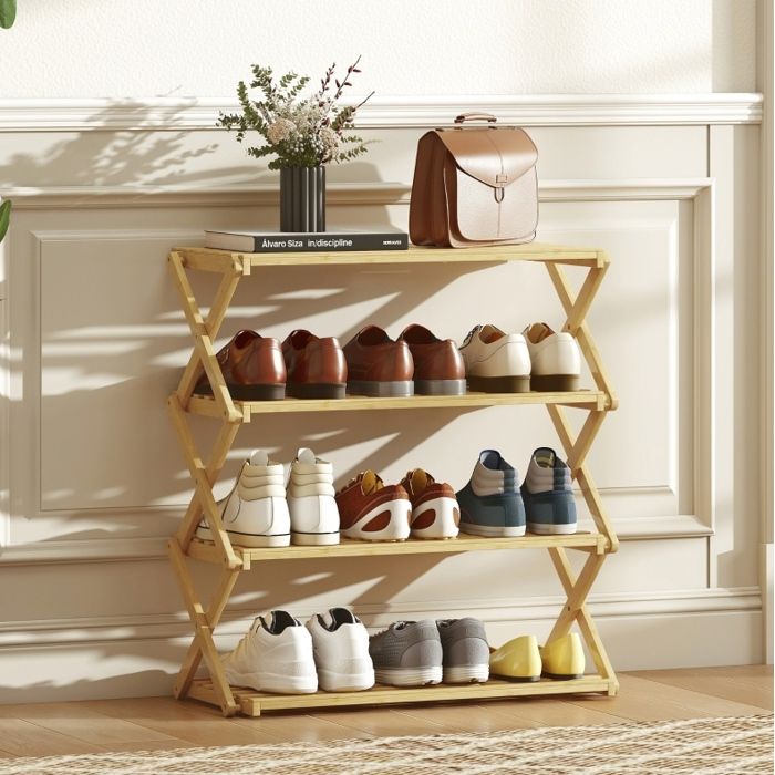 WOVREO Étagère à chaussures pliable en bambou 4 niveaux 12 paires 60 x 29 x 67 cm bois naturel