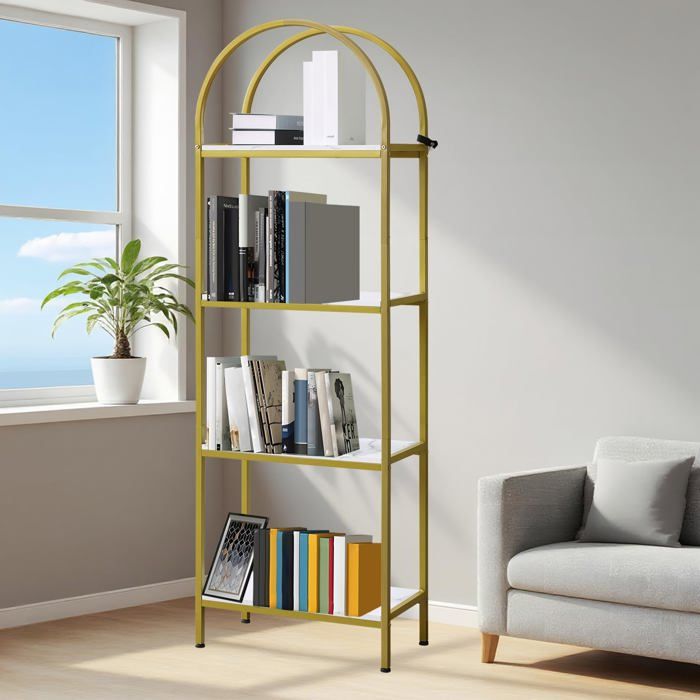 Garvee Étagère Bibliothèque à 4 Niveaux Meuble de Rangement Grand Design Gain de Place - 183x60x30cm - Doré