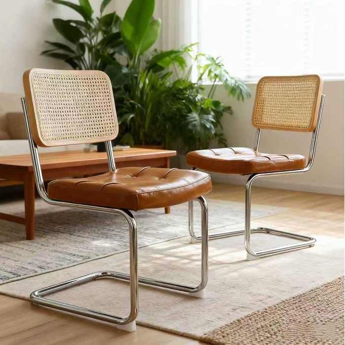 Chaise de Salle a Manger Lot de 2 Cantilever Empilables - MODENVIE - Pieds Chrome Dossier en Rotin Simili Cuir Marron
