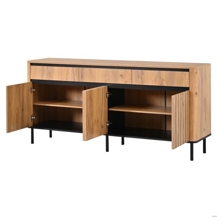 Buffet bas – 160 x 40 x 73 cm – 3 tiroirs 3 portes – aspect chêne naturel