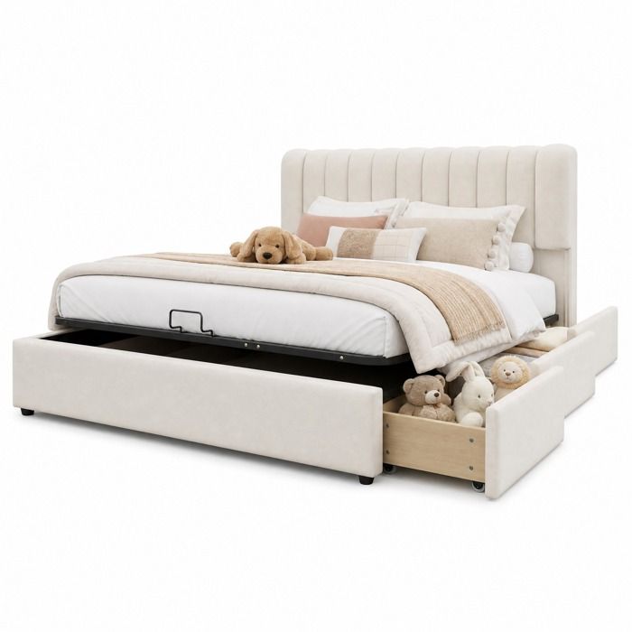 Lit coffre enfant 140 x 200 cm en velours beige avec sommier a lattes 3 tiroirs LED integree et rangement releve
