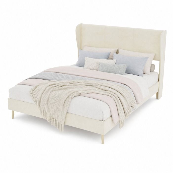 Lit rembourré beige 160x200 cm avec tête de lit haute sommier à lattes sans coffre sans vérin à gaz JOINERY