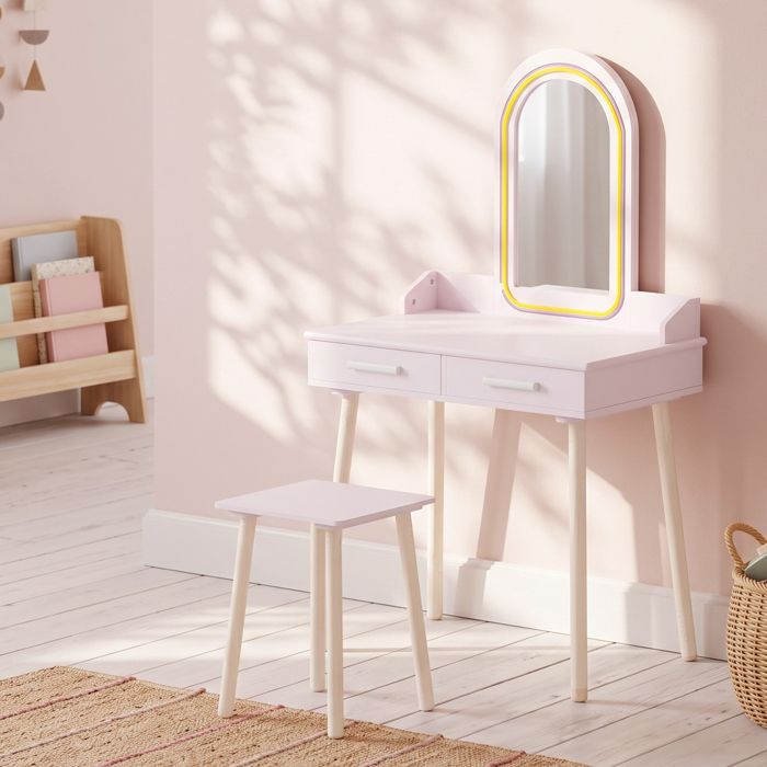 Coiffeuse Enfant en Bois avec Miroir LED 3 Couleurs Tabouret Tiroir et Plateau Spacieux 60x36x100cm 3 à 8 Ans Rose