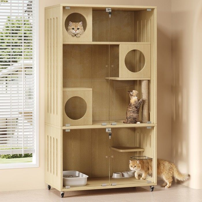 Villa pour chat mobile 90x50x166cm bois naturel serrure porte accès enclos intérieur chat chinchilla Villa pour chat mobile 90x50x166cm bois naturel serrure porte accès enclos intérieur chat chinchilla