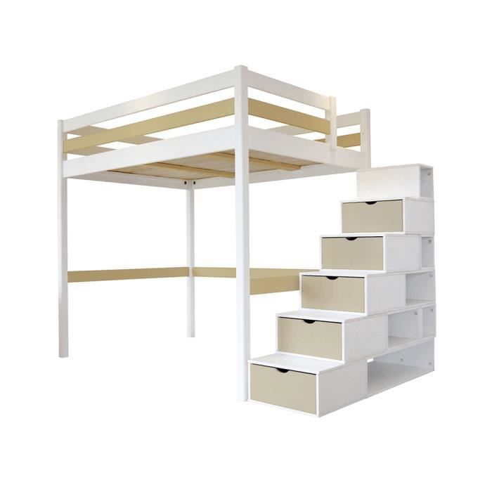Lit Mezzanine Sylvia Avec Escalier Cube Bois Couleur Blanc