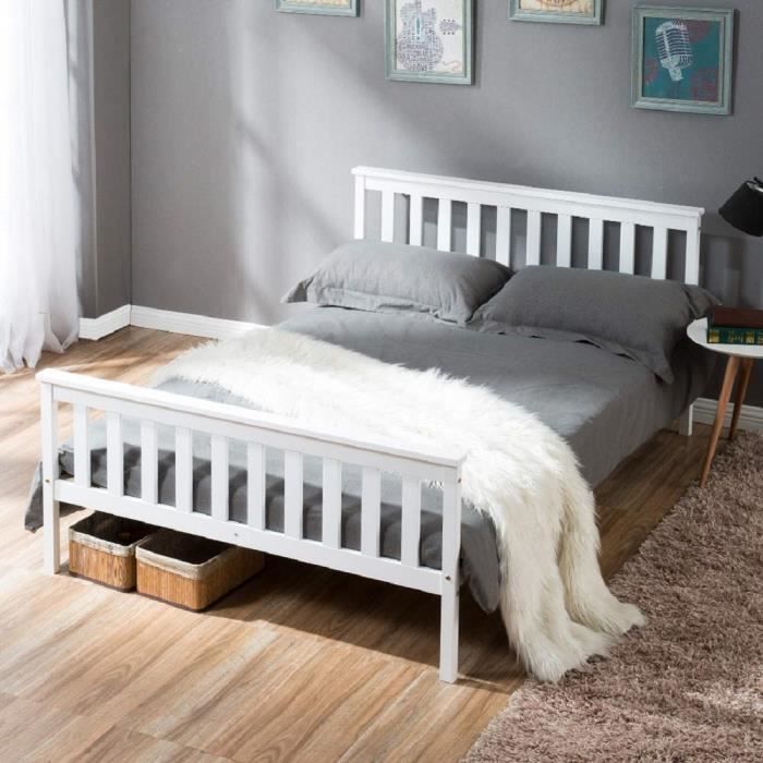 lit double 140 x 200 cm lit en bois massif avec sommiers à lattes,pour adultes, enfants, ados, blanc