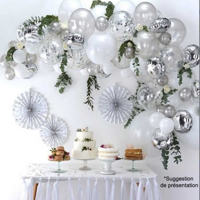 1 Kit Deco Arche Guirlande Argent Gris Blanc 70 Ballons 4m De