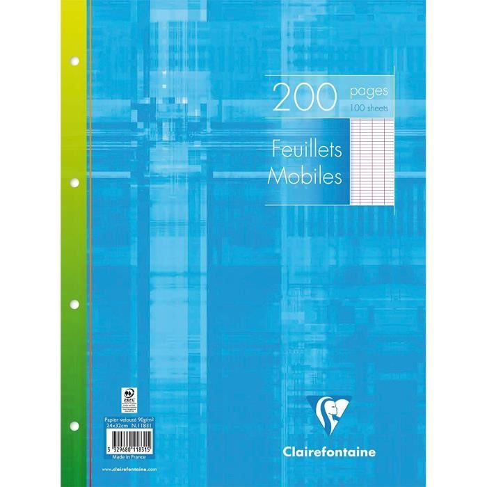 Lot De 2 Feuillets Mobiles A4 100 Pages - Grands Carreaux Seyès Vert - Papier 80g, Perforé 9 Trous - Fabriqué En France, Écolabel UE - 11