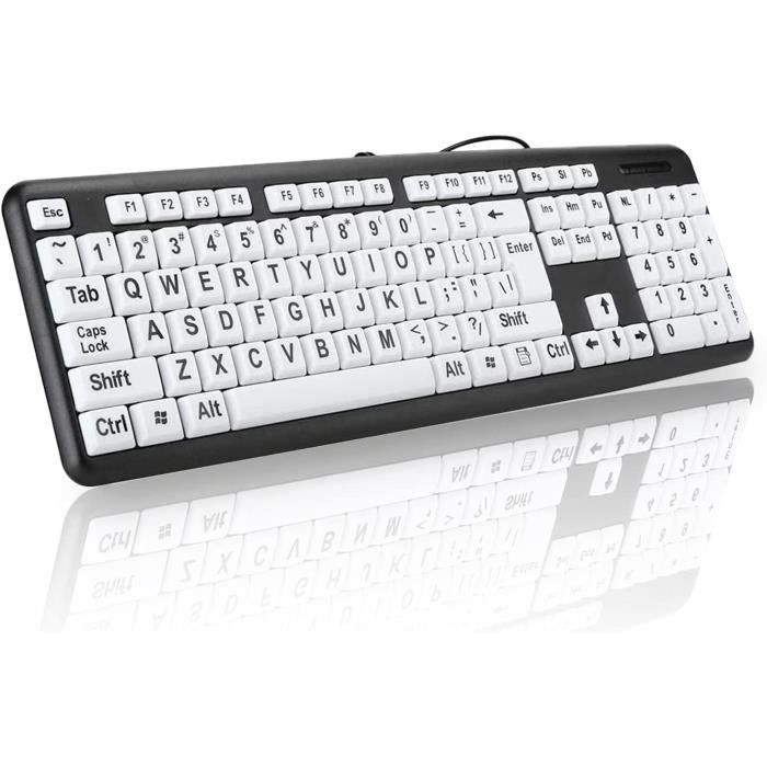 Clavier USB Pour Personnes Âgées - Grandes Lettres Blanches Sur Fond Noir - 104 Touches AZERTY - 13