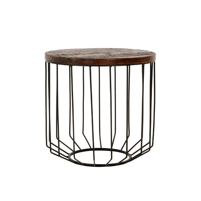 womo-design table d'appoint ronde - ø50x50 cm - bois massif ancien naturel - cadre métallique noir - table basse en osier