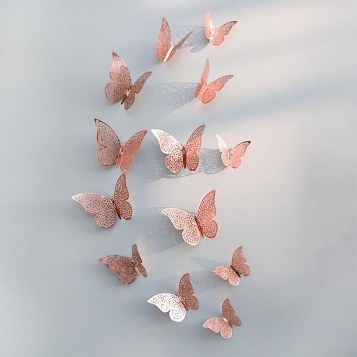 Rose gold B Autocollants muraux papillon 3D ajourés, magnifique
