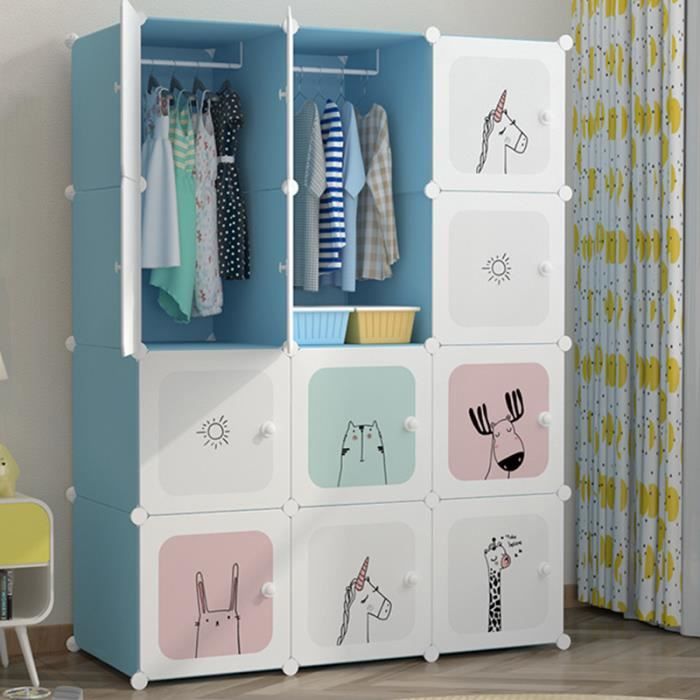Armoire Chambre Meuble Rangement Enfant 12 Porte 2 Penderie Armoire Plastique Cartoon 111x47x147cm Bleu Cdiscount Maison