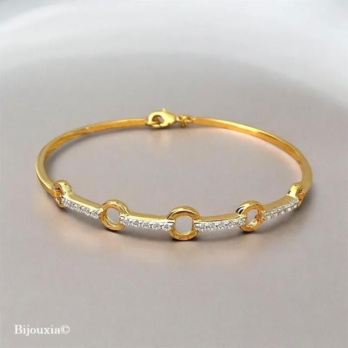 Bracelet Jonc Ouvrant ZIRCONIUM - Bijouxia - Plaqué Or 18 Carats - Cristaux Blancs - Diamètre 62 cm