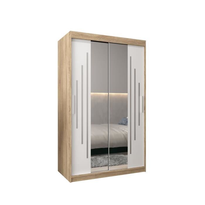 Armoire de Chambre MALTESE 1 Sonoma-Blanc 120 avec 2 Portes Coulissantes avec Miroir Penderie (Tringle) avec étagères Sans tiroirs