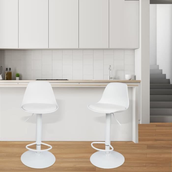 Lot de deux tabourets de bar à coussin en PU - HOMEWELL - Blanc - Réglable en hauteur