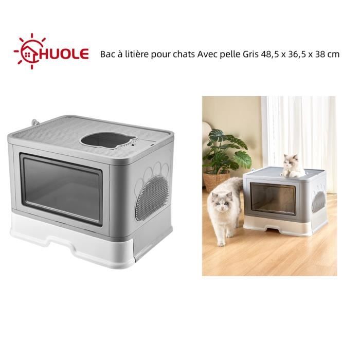 Meilleurs prix pour Bac à litière pour chats - HUOLE - Avec pelle + boîte de rangement - Gris - 48,5 x 36,5 x 38 cm