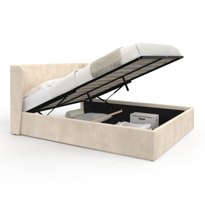 IDMARKET Lit Coffre Double NUAGE Avec Tête De Lit Matelassée Et Sommier 140 X 190 Cm Velours Beige - Maison