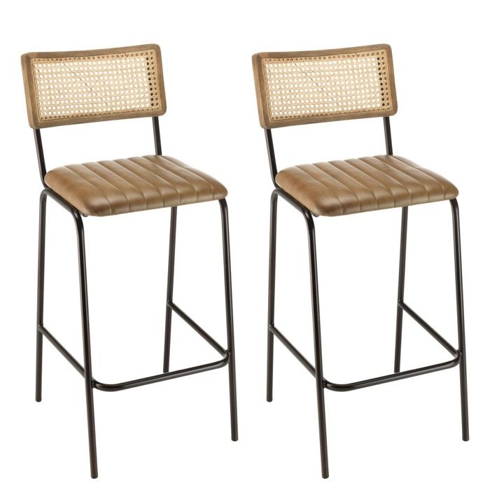 MACABANE MARCEL - Lot de 2 tabourets de bar cuir et bois manguier / cannage MACABANE MARCEL - Lot de 2 tabourets de bar cuir et bois manguier / cannage