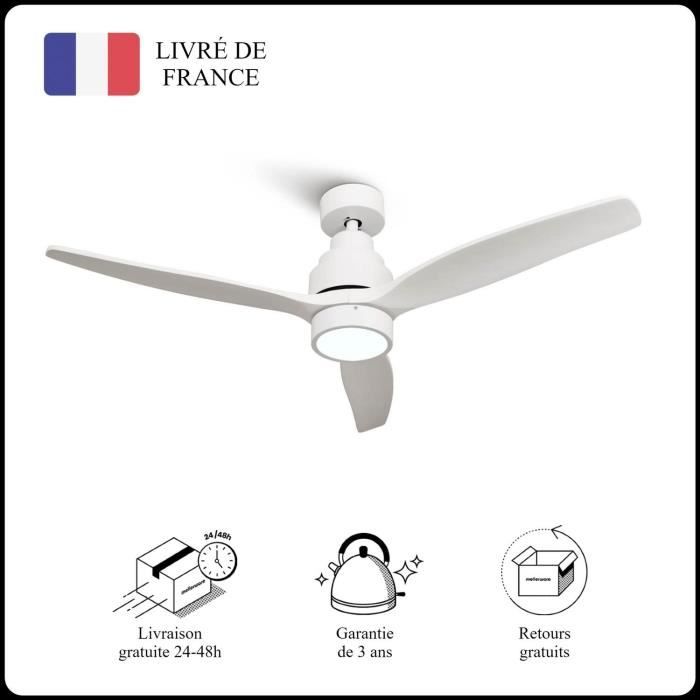 Mellerware - Ventilateur de plafond avec télécommande Brizy! Bright 45W Silencieux 3 lames 132cm 6 vitesses LED Blanc - Mellerware
