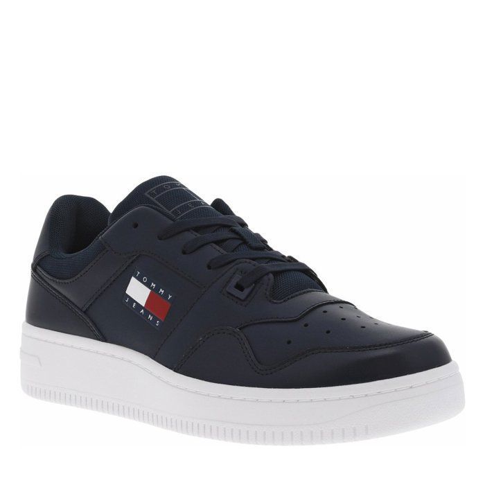 Tommy Jeans Baskets basses en cuir bleu marine à plateforme avec des lacets plats