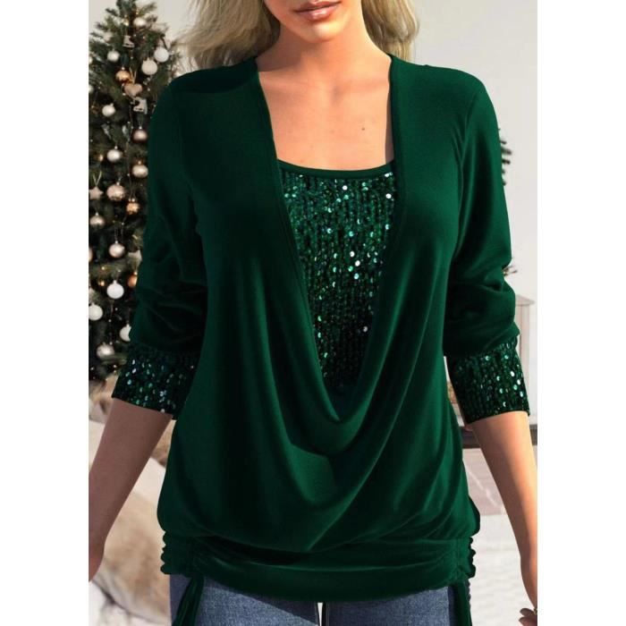 Tee Shirt Femme Chic elegant Decontracte a Manches Longues Mode Paillettes Brillantes Blouse 
